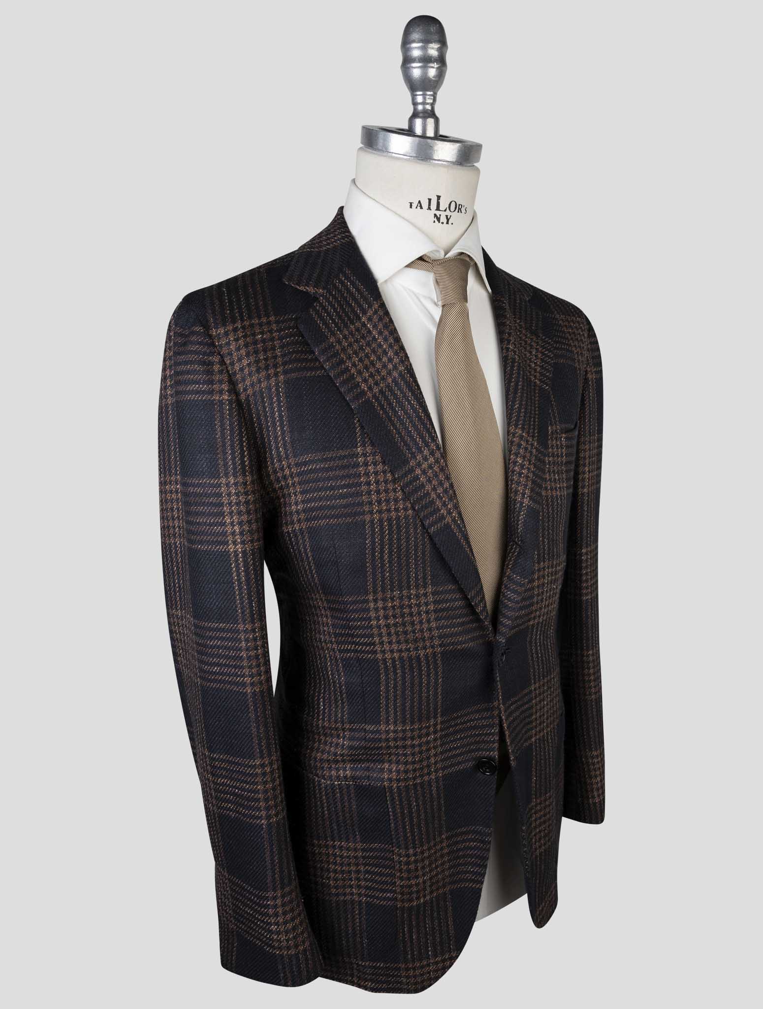 Kiton Синий коричневый кашемировый пиджак из натуральной шерсти, шелка и льна