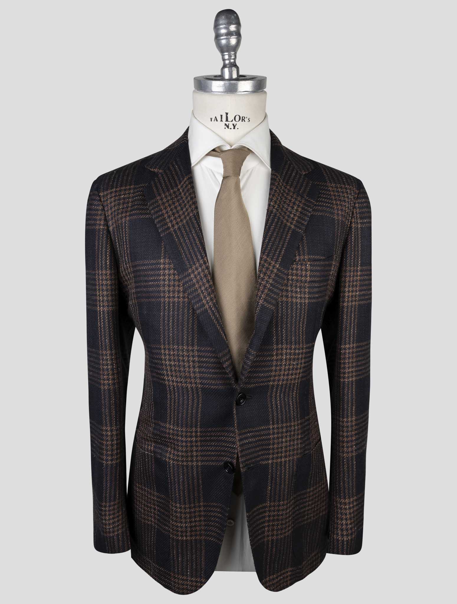 Kiton Синий коричневый кашемировый пиджак из натуральной шерсти, шелка и льна